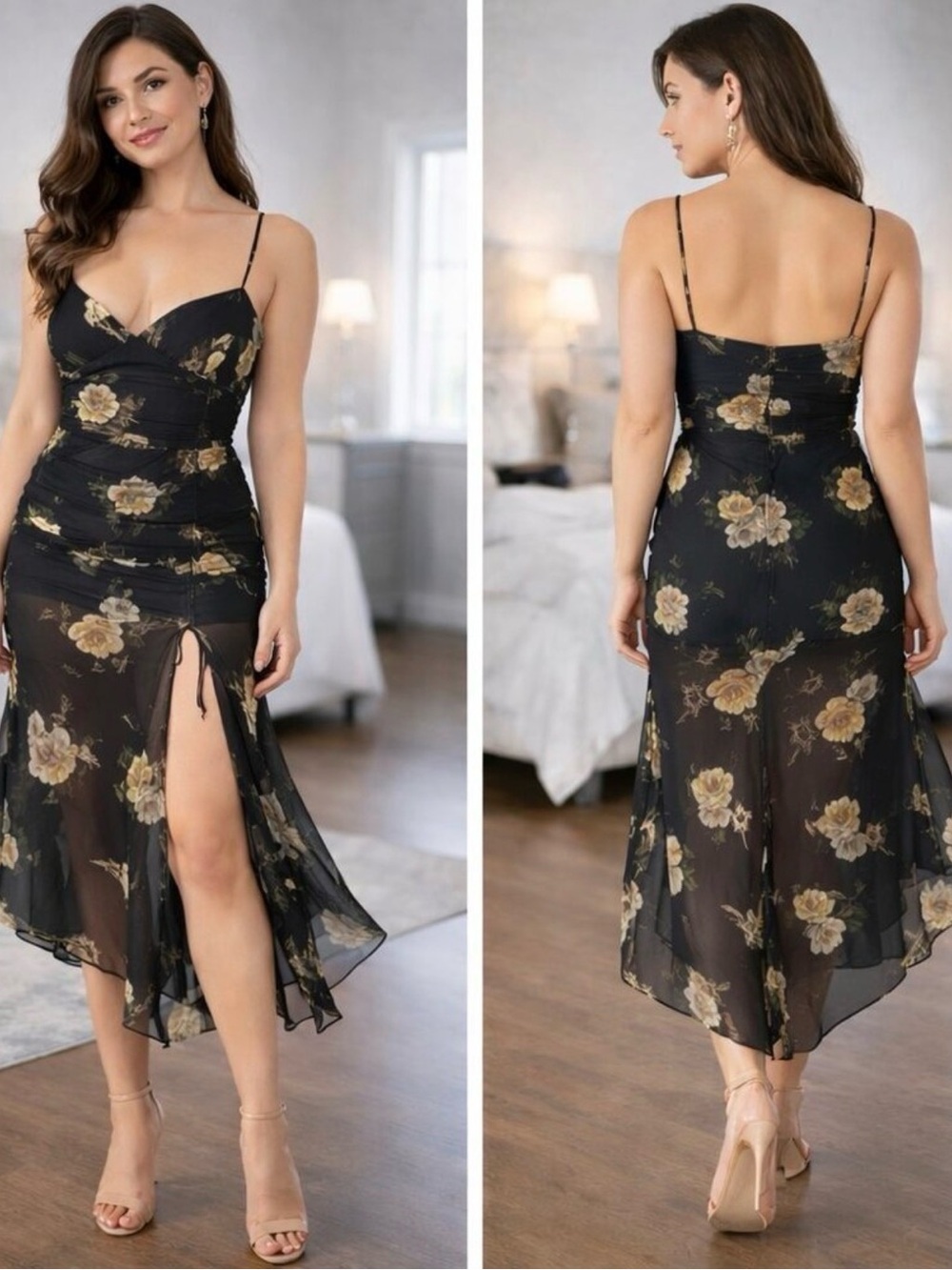 NICHOLAS Navy Floral Silk Spaghetti Strap Dress with adjustable slit size 16